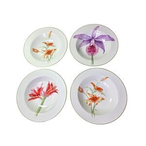 222 FIFTH White Floral BLOOM Green Lip Large Rim Soup Bowls Set of 4